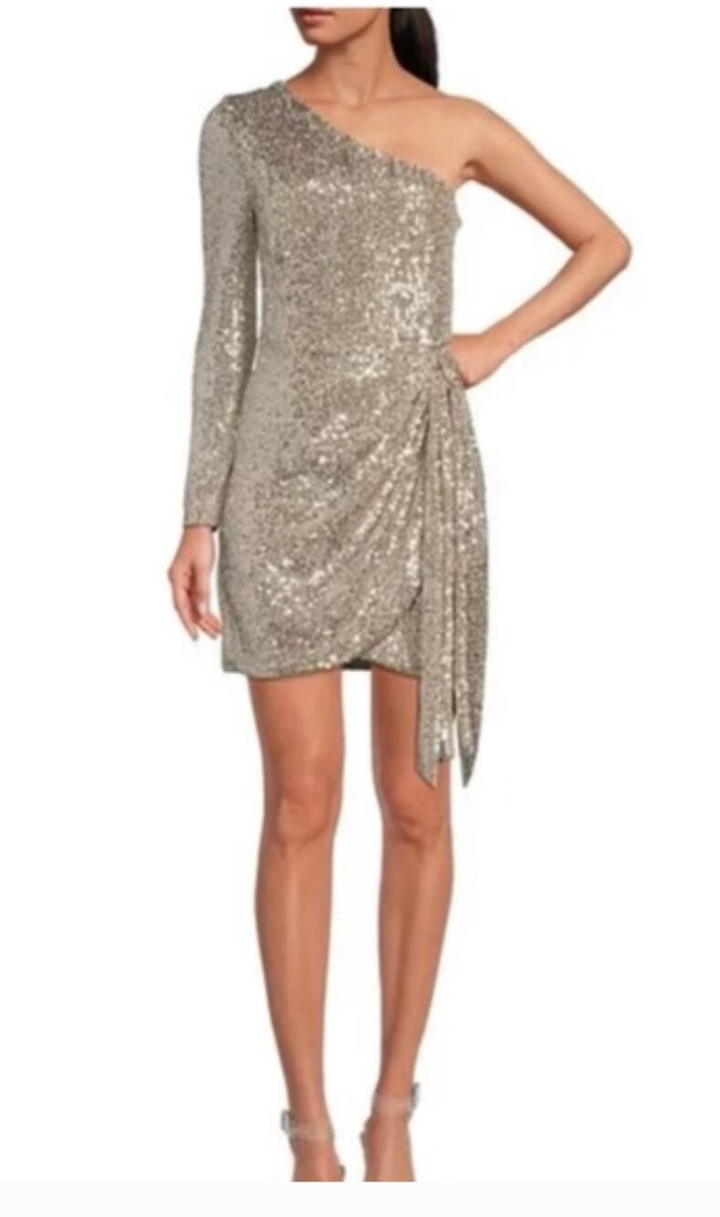 Gianni Bini Valerie Silver Sequin One Shoulder Long Sleeve Tie Side Mini Dress 0